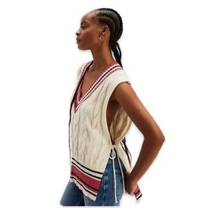 Free People Coastal Prep Poncho Vest Jacket Cream and‎ Pink V-Neck Sweater O/S